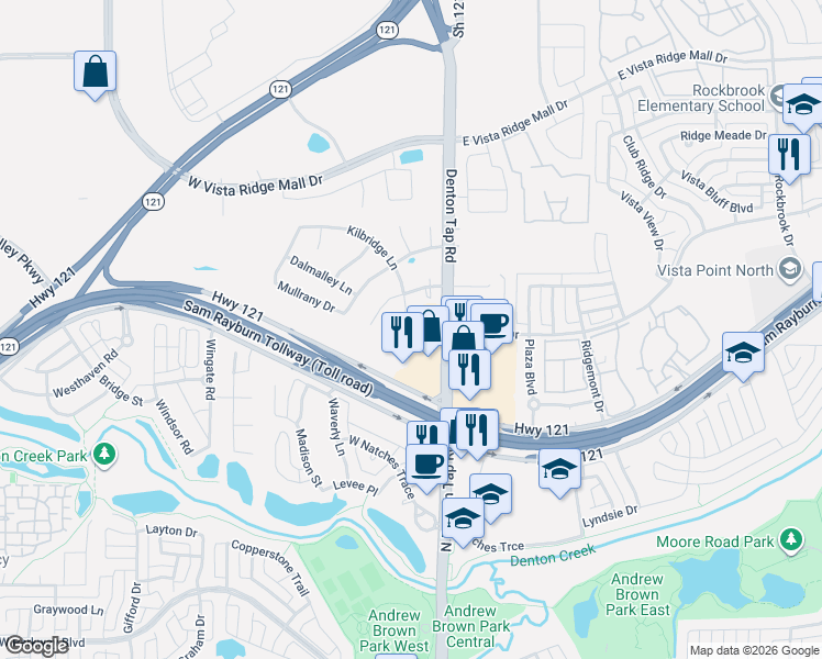 map of restaurants, bars, coffee shops, grocery stores, and more near 736 Kilbridge Lane in Coppell