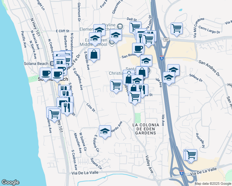 map of restaurants, bars, coffee shops, grocery stores, and more near 531 Stevens Avenue in Solana Beach