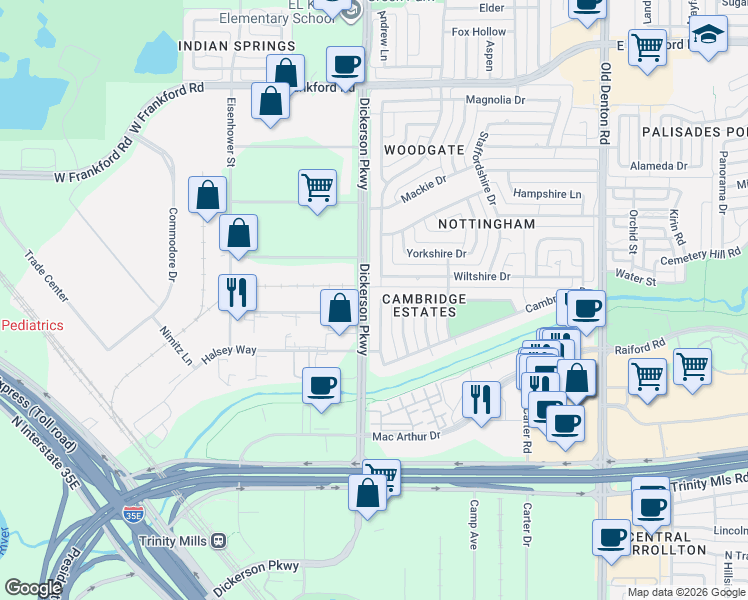 map of restaurants, bars, coffee shops, grocery stores, and more near 1226 Dentonshire Drive in Carrollton