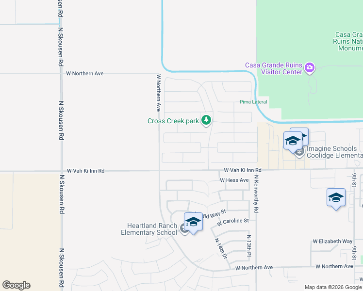 map of restaurants, bars, coffee shops, grocery stores, and more near 1672 Toltec Drive in Coolidge