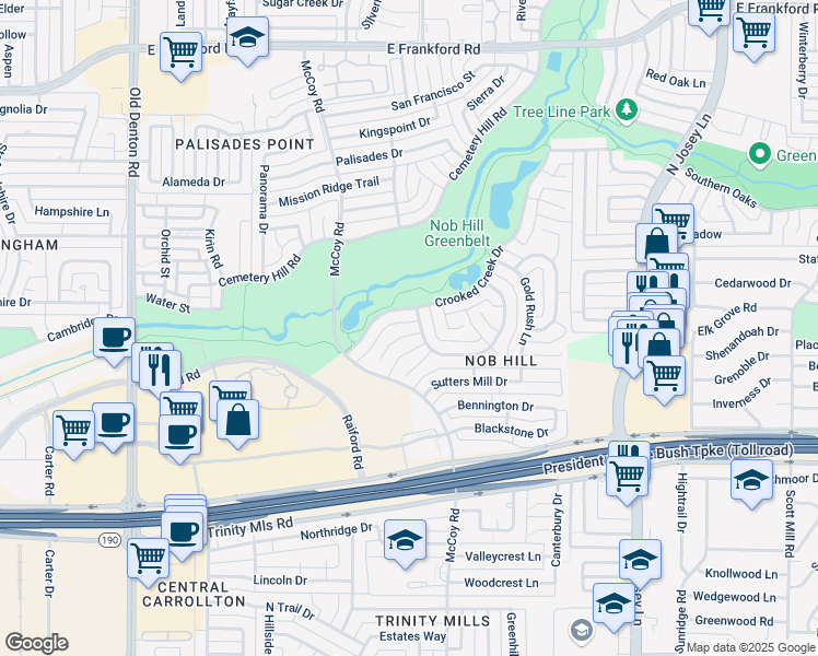 map of restaurants, bars, coffee shops, grocery stores, and more near 2707 Spyglass Drive in Carrollton