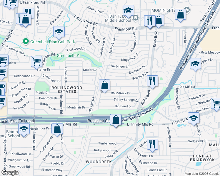 map of restaurants, bars, coffee shops, grocery stores, and more near 2210 Old Mill Road in Carrollton