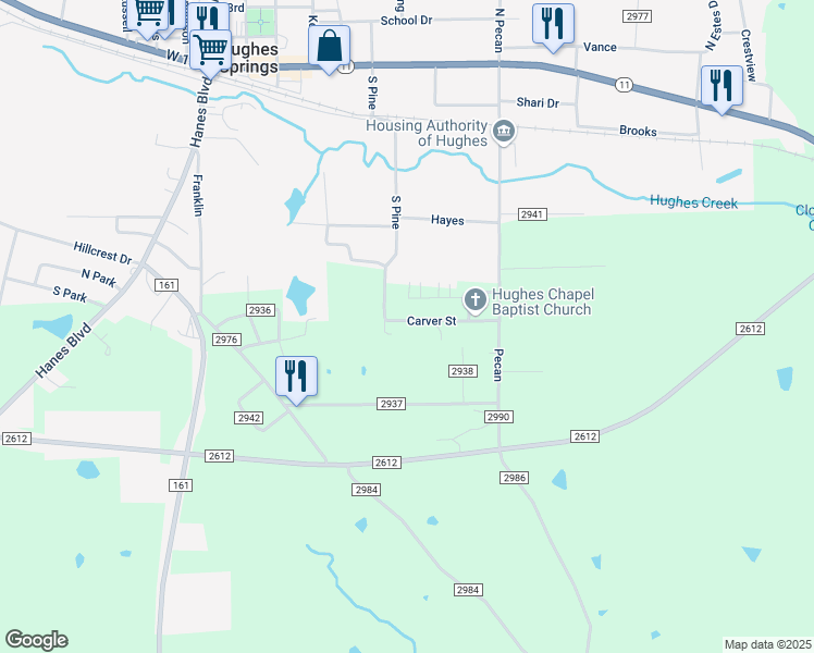 map of restaurants, bars, coffee shops, grocery stores, and more near 611 Carver Street in Hughes Springs