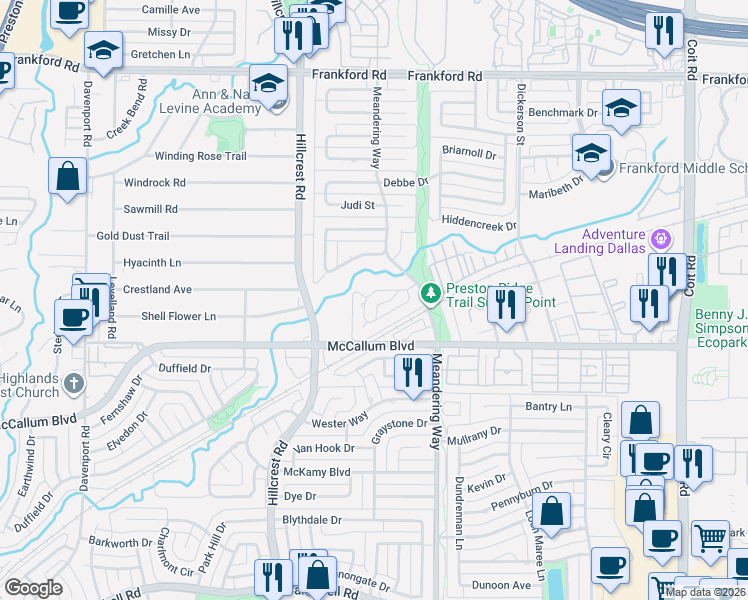 map of restaurants, bars, coffee shops, grocery stores, and more near 6929 Rocky Top Circle in Dallas