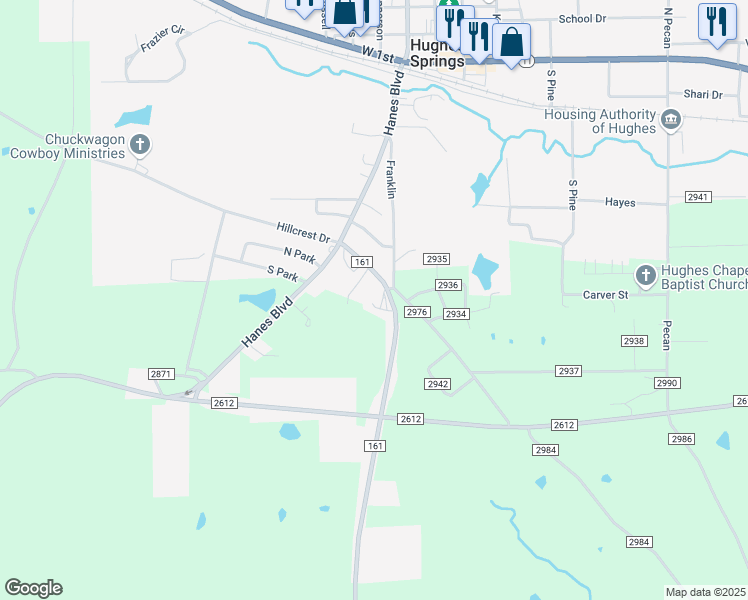 map of restaurants, bars, coffee shops, grocery stores, and more near 215 Farm to Market 161 in Hughes Springs