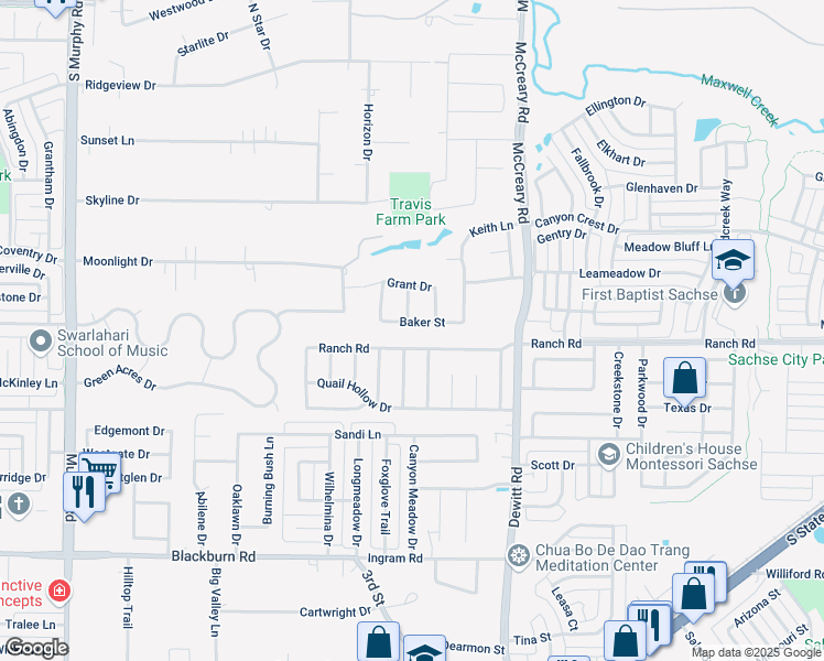 map of restaurants, bars, coffee shops, grocery stores, and more near 2706 Baker Street in Sachse