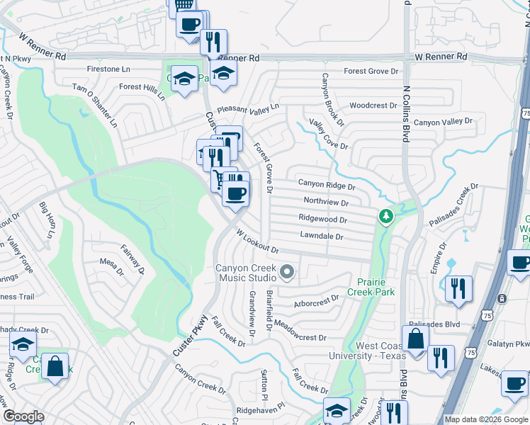 map of restaurants, bars, coffee shops, grocery stores, and more near 2632 Custer Parkway in Richardson