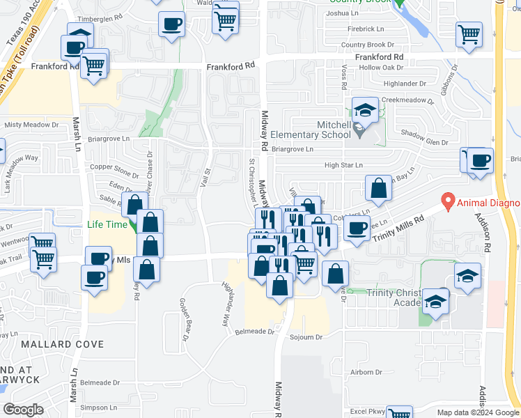 map of restaurants, bars, coffee shops, grocery stores, and more near 4048 Saint Christopher Lane in Dallas