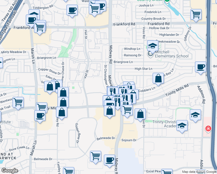 map of restaurants, bars, coffee shops, grocery stores, and more near 4048 Saint Christopher Lane in Dallas