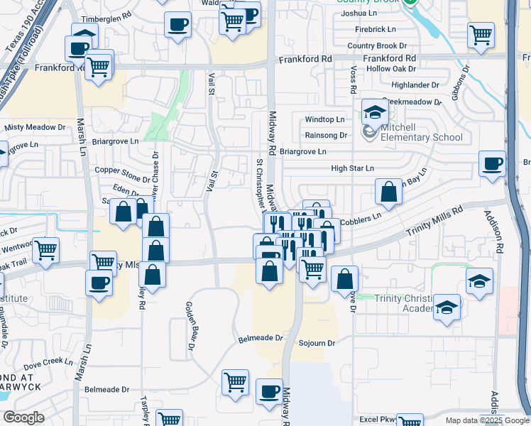 map of restaurants, bars, coffee shops, grocery stores, and more near 4048 Saint Christopher Lane in Dallas