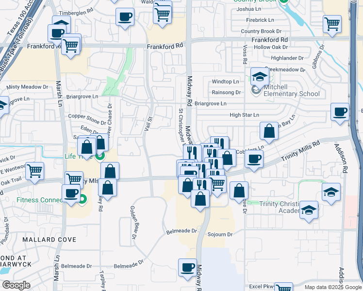 map of restaurants, bars, coffee shops, grocery stores, and more near 4048 Saint Christopher Lane in Dallas