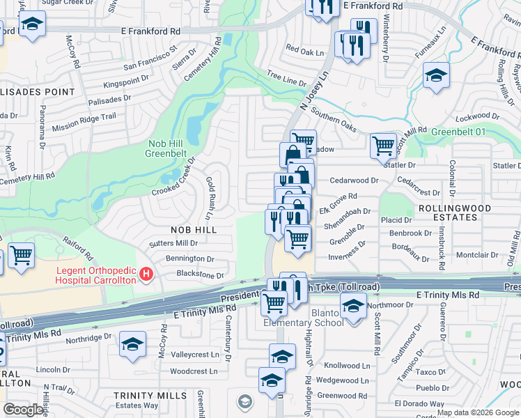 map of restaurants, bars, coffee shops, grocery stores, and more near 1807 Green Ridge Drive in Carrollton
