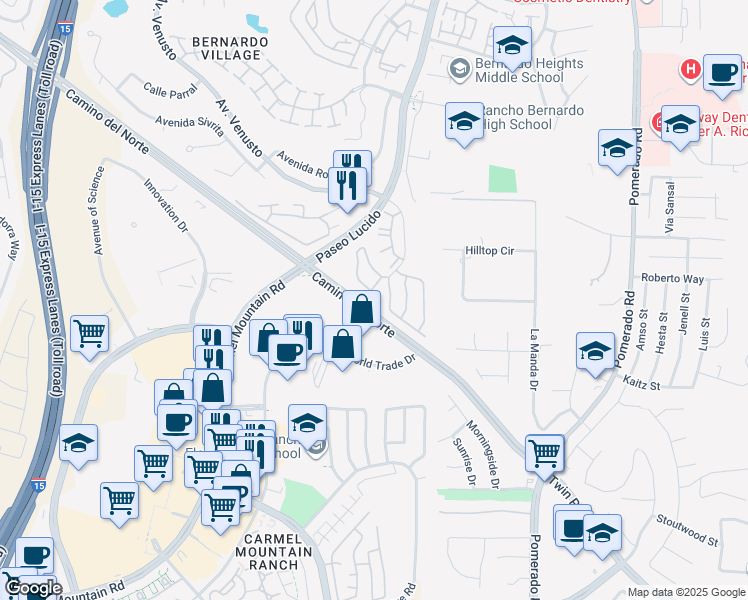 map of restaurants, bars, coffee shops, grocery stores, and more near 14918 Avenida Venusto in San Diego
