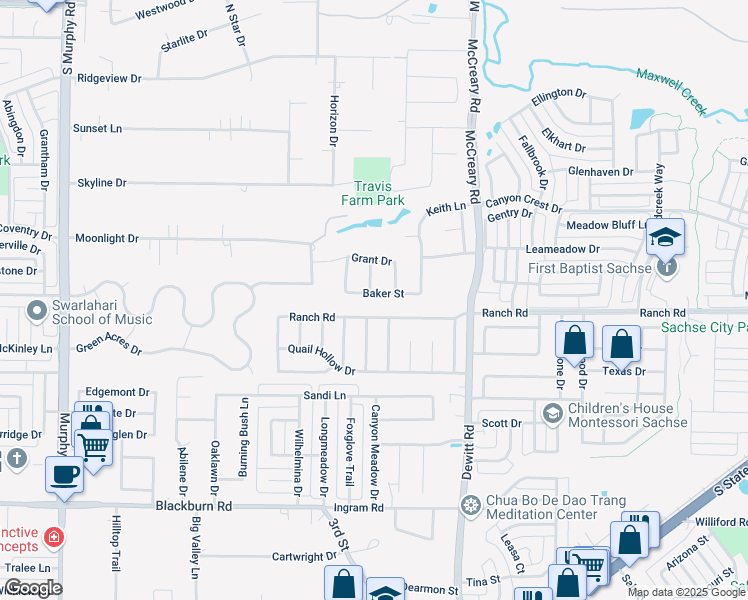 map of restaurants, bars, coffee shops, grocery stores, and more near 2706 Baker Street in Sachse