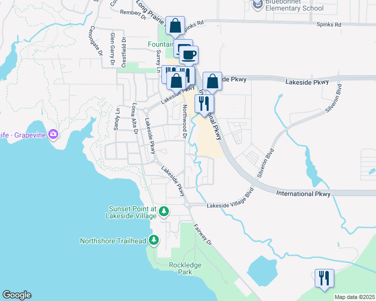 map of restaurants, bars, coffee shops, grocery stores, and more near 350 Long Prairie Road in Flower Mound