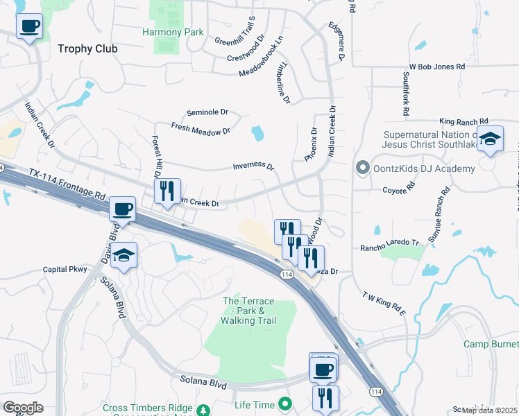 map of restaurants, bars, coffee shops, grocery stores, and more near 3 Valley Wood Court in Trophy Club