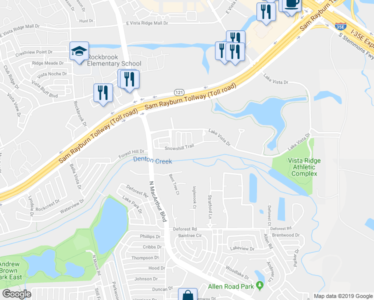 map of restaurants, bars, coffee shops, grocery stores, and more near 845 Snowshill Trail in Coppell
