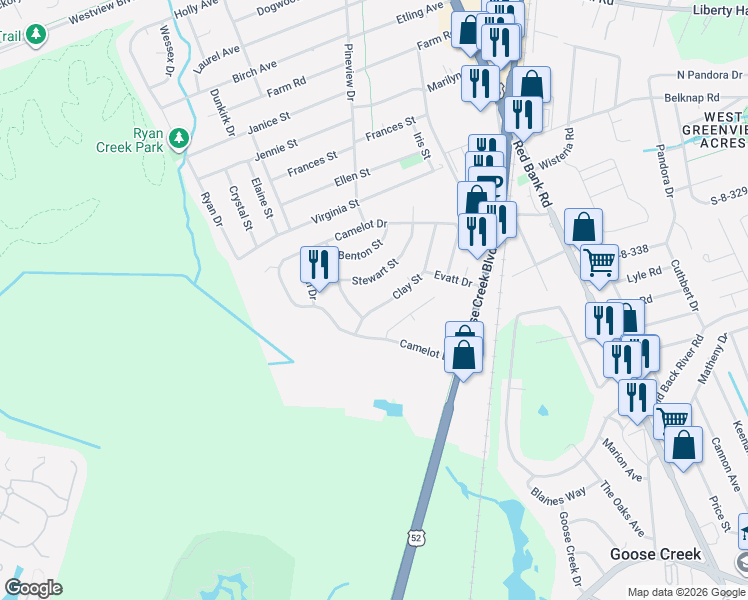 map of restaurants, bars, coffee shops, grocery stores, and more near 130 Clay St in Goose Creek