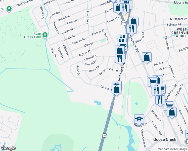 map of restaurants, bars, coffee shops, grocery stores, and more near 130 Clay Street in Goose Creek