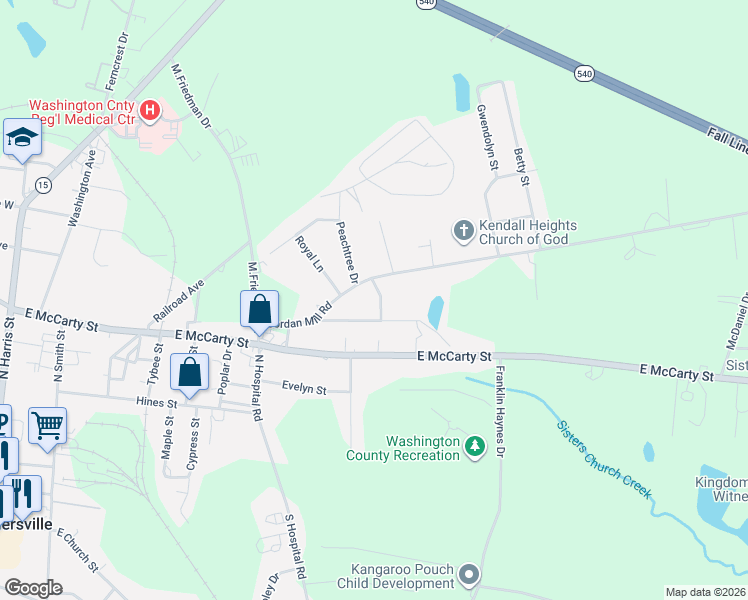 map of restaurants, bars, coffee shops, grocery stores, and more near 508 Anthony Drive in Sandersville