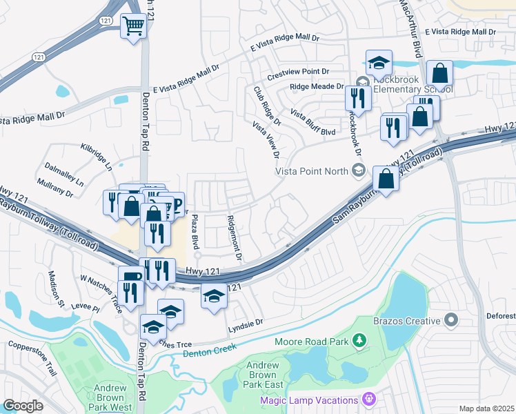 map of restaurants, bars, coffee shops, grocery stores, and more near 351 State Highway 121 Bypass in Lewisville