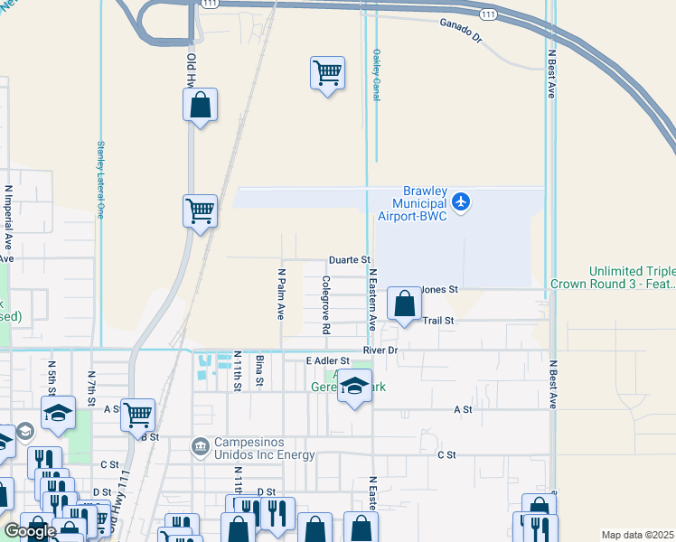 map of restaurants, bars, coffee shops, grocery stores, and more near 1337 Rubio Street in Brawley