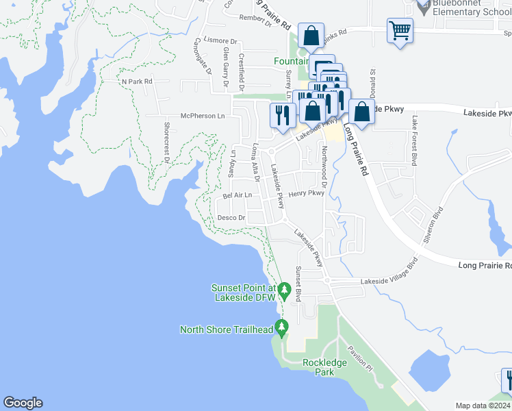 map of restaurants, bars, coffee shops, grocery stores, and more near 2604 Fairhill Lane in Flower Mound