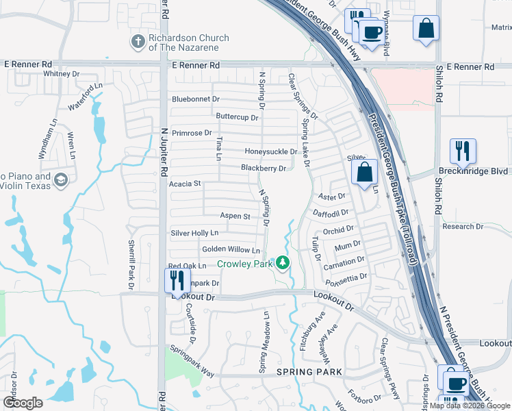 map of restaurants, bars, coffee shops, grocery stores, and more near 2416 Blue Cypress Drive in Richardson