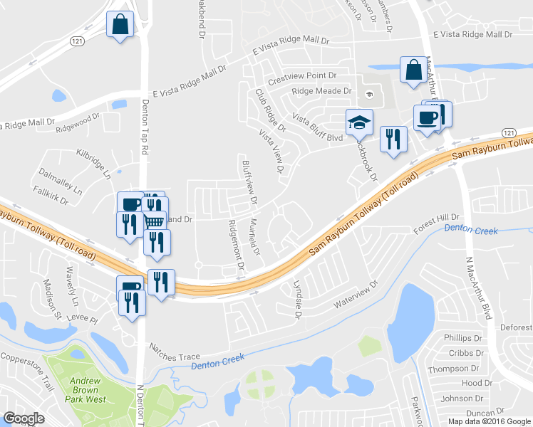 map of restaurants, bars, coffee shops, grocery stores, and more near 351 Highway 121 in Lewisville