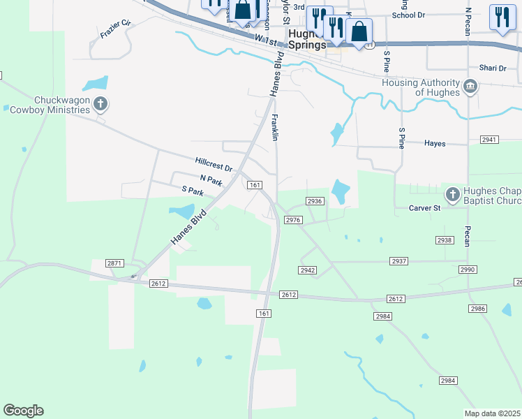 map of restaurants, bars, coffee shops, grocery stores, and more near 215 Farm to Market 161 in Hughes Springs
