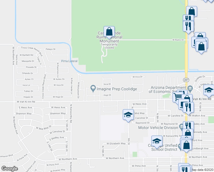 map of restaurants, bars, coffee shops, grocery stores, and more near 961 Inca Drive in Coolidge