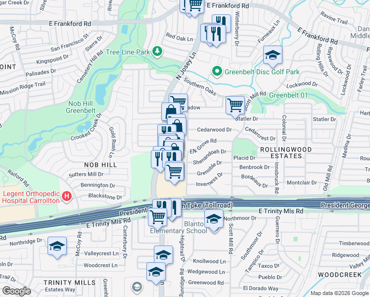 map of restaurants, bars, coffee shops, grocery stores, and more near 2715 Tenison Drive in Carrollton