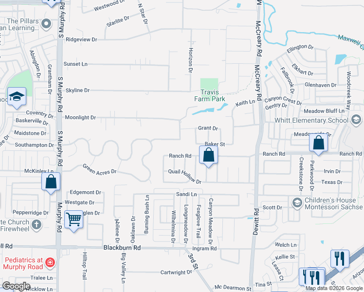 map of restaurants, bars, coffee shops, grocery stores, and more near 2204 Ranch Road in Sachse