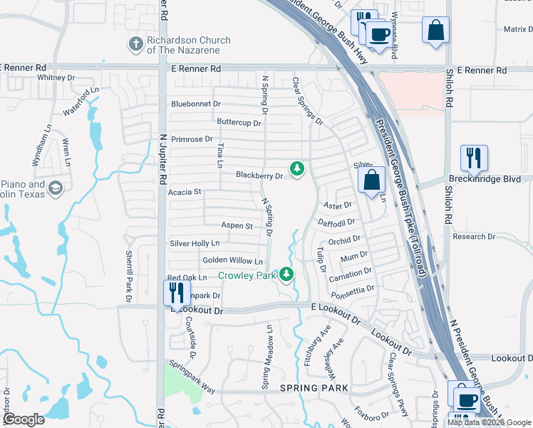 map of restaurants, bars, coffee shops, grocery stores, and more near 2416 Blue Cypress Drive in Richardson
