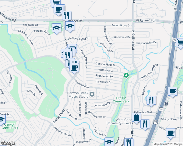 map of restaurants, bars, coffee shops, grocery stores, and more near 424 Ridgewood Drive in Richardson