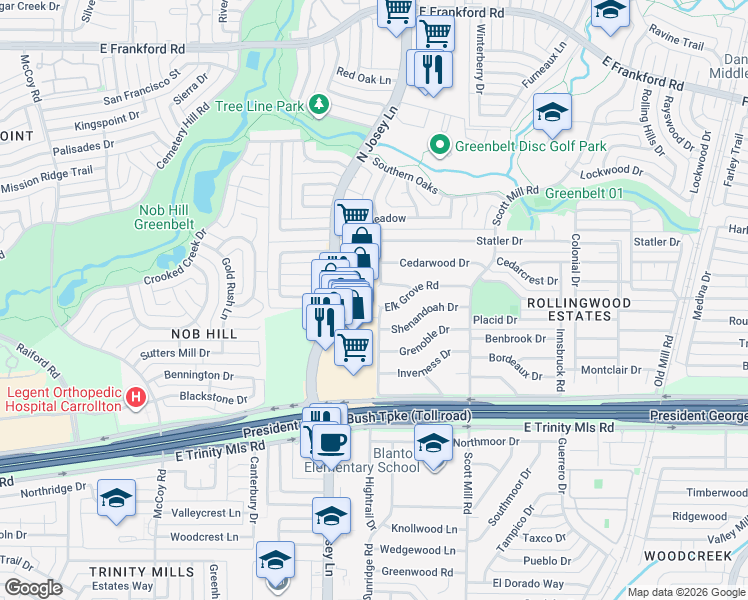 map of restaurants, bars, coffee shops, grocery stores, and more near 2715 Tenison Drive in Carrollton