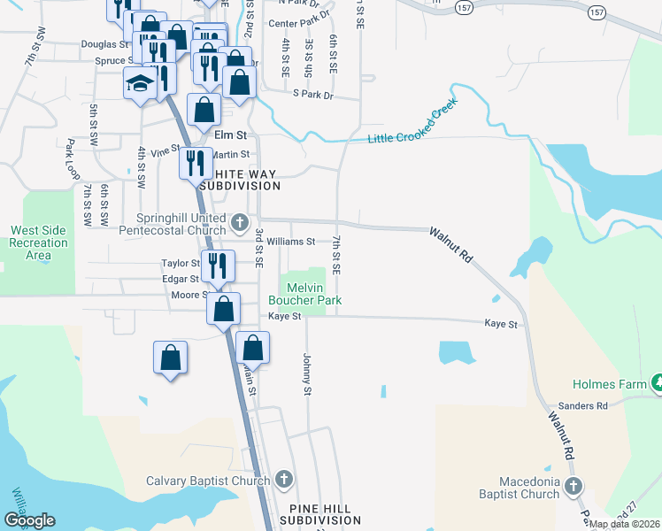 map of restaurants, bars, coffee shops, grocery stores, and more near 1303 7th Street Southeast in Springhill