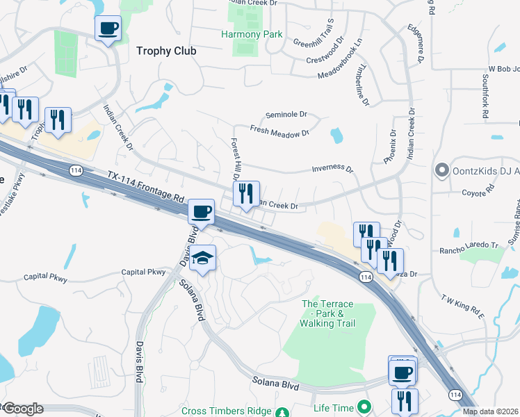 map of restaurants, bars, coffee shops, grocery stores, and more near 1500 Plantation Oaks Drive in Trophy Club