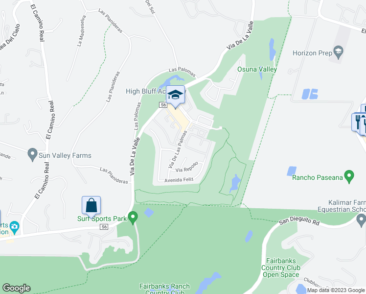 map of restaurants, bars, coffee shops, grocery stores, and more near 16019 Via De Las Palmas in Rancho Santa Fe