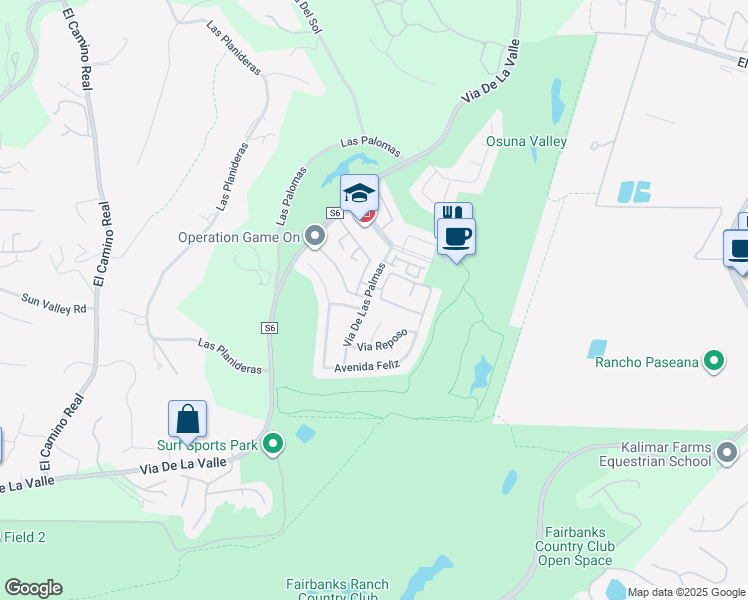 map of restaurants, bars, coffee shops, grocery stores, and more near 16019 Via De Las Palmas in Rancho Santa Fe