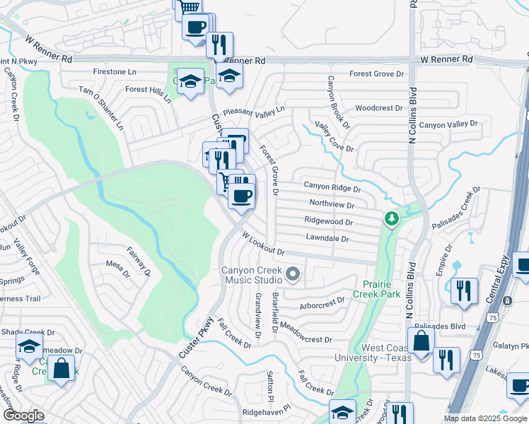 map of restaurants, bars, coffee shops, grocery stores, and more near 2632 Custer Parkway in Richardson