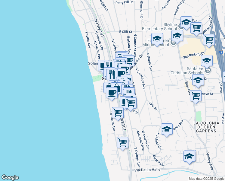 map of restaurants, bars, coffee shops, grocery stores, and more near 215 Highway 101 in Solana Beach
