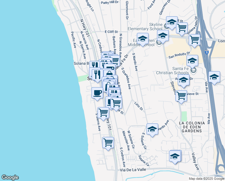 map of restaurants, bars, coffee shops, grocery stores, and more near 301 South Cedros Avenue in Solana Beach