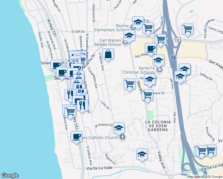 map of restaurants, bars, coffee shops, grocery stores, and more near 326 South Nardo Avenue in Solana Beach