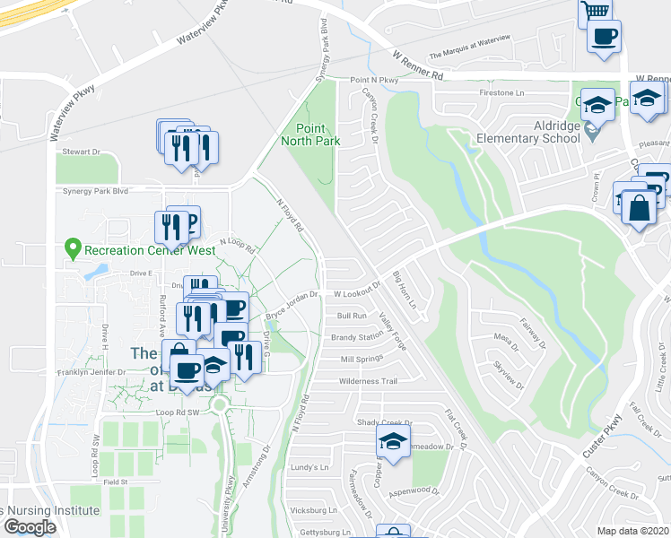map of restaurants, bars, coffee shops, grocery stores, and more near Pittsburg Landing in Richardson