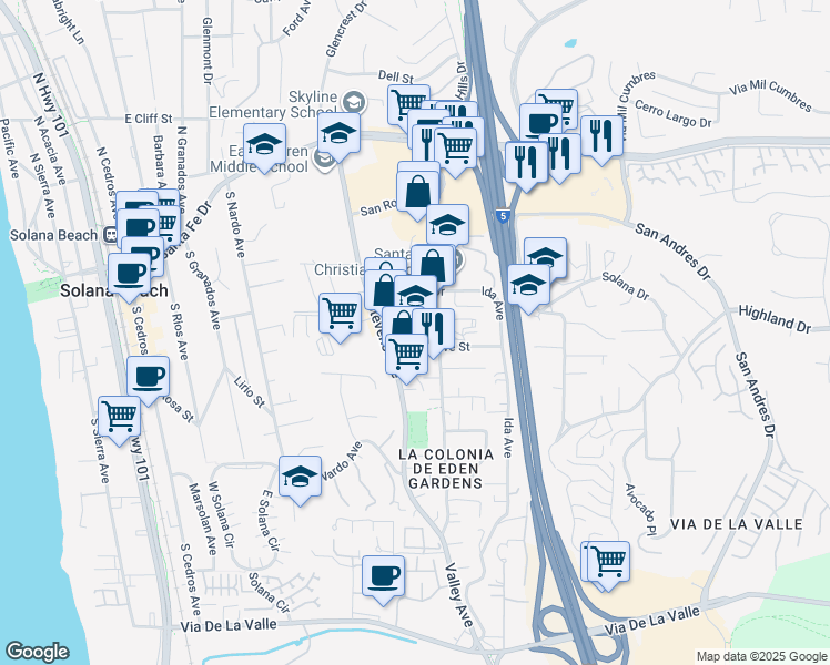 map of restaurants, bars, coffee shops, grocery stores, and more near 722 Genevieve Street in Solana Beach
