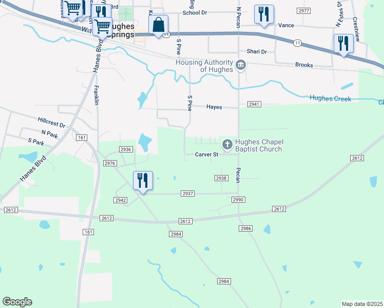 map of restaurants, bars, coffee shops, grocery stores, and more near 611 Carver in Hughes Springs