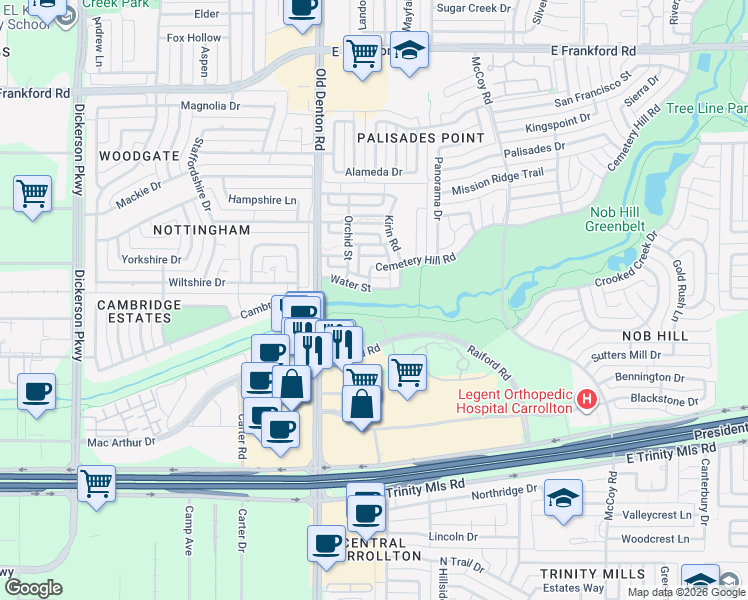 map of restaurants, bars, coffee shops, grocery stores, and more near 1137 Water Street in Carrollton
