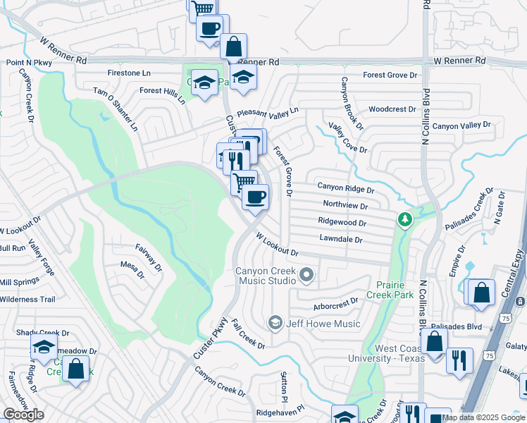 map of restaurants, bars, coffee shops, grocery stores, and more near 2632 Custer Parkway in Richardson