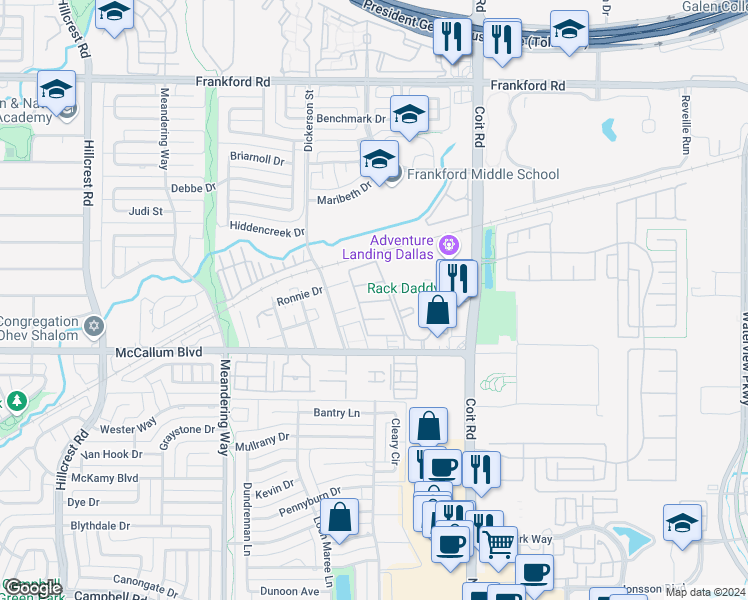 map of restaurants, bars, coffee shops, grocery stores, and more near 7815 McCallum Boulevard in Dallas